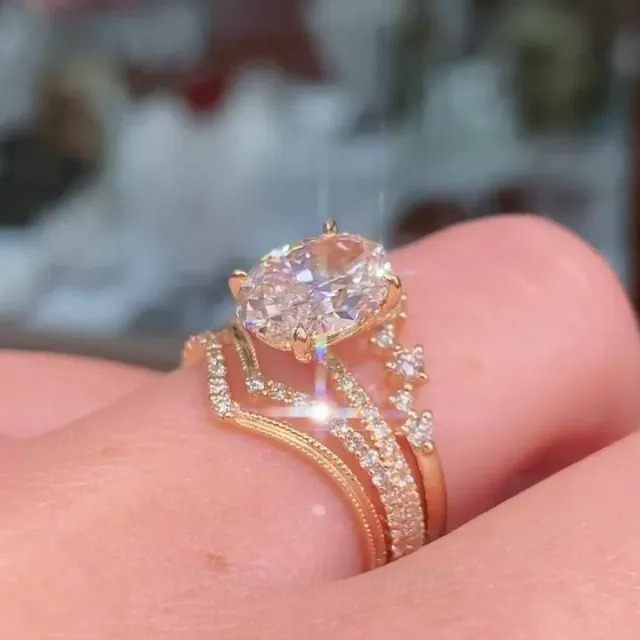 Diamond White Oval Cut Yellow Gold 925 Sterling Silver 3-Piece Bridal Sets Diamond White Oval Cut Yellow Gold 925 Sterling Silver 3-Piece Bridal Sets