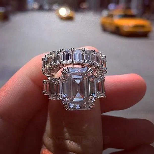 Emerald Cut Diamond White 925 Sterling Silver 3-Stone Bridal Sets Emerald Cut Diamond White 925 Sterling Silver 3-Stone Bridal Sets
