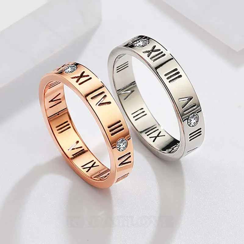 Roman Numerals Round Diamond White Titanium Silver Rose Gold Couple Rings