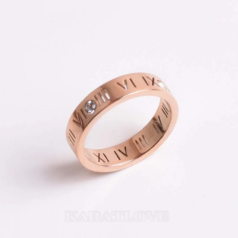 Roman Numerals Round Diamond White Titanium Silver Rose Gold Couple Rings