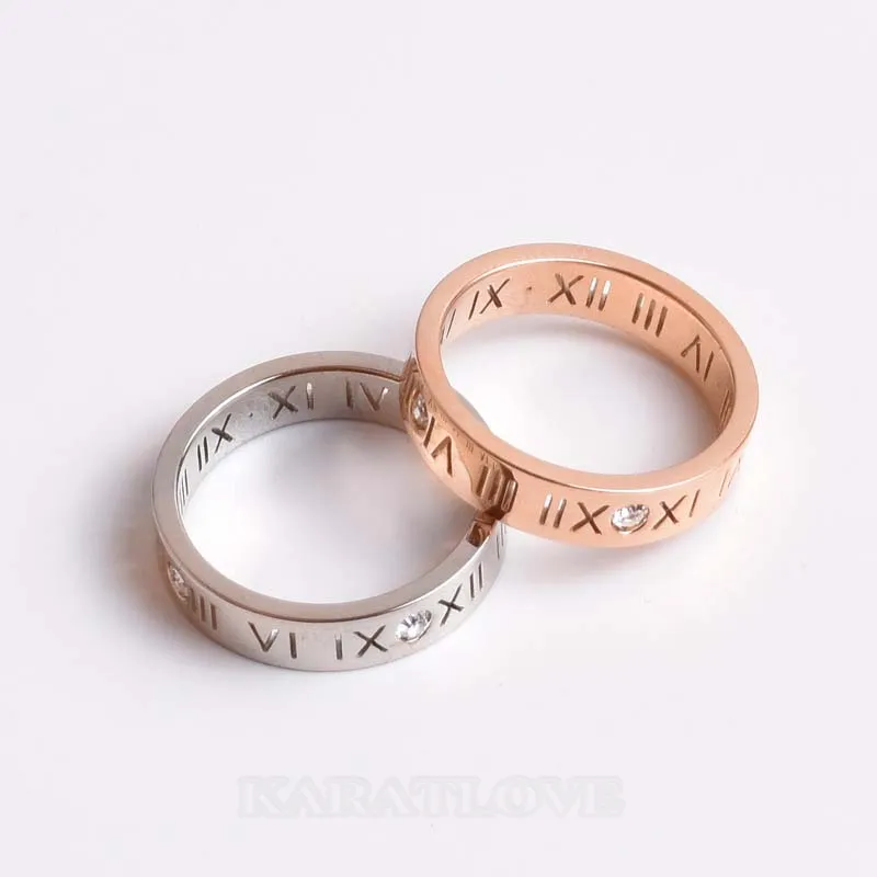 Roman Numerals Round Diamond White Titanium Silver Rose Gold Couple Rings