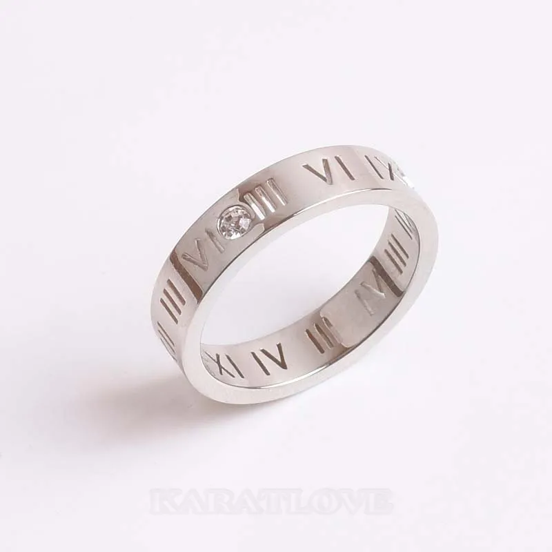 Roman Numerals Round Diamond White Titanium Silver Rose Gold Couple Rings
