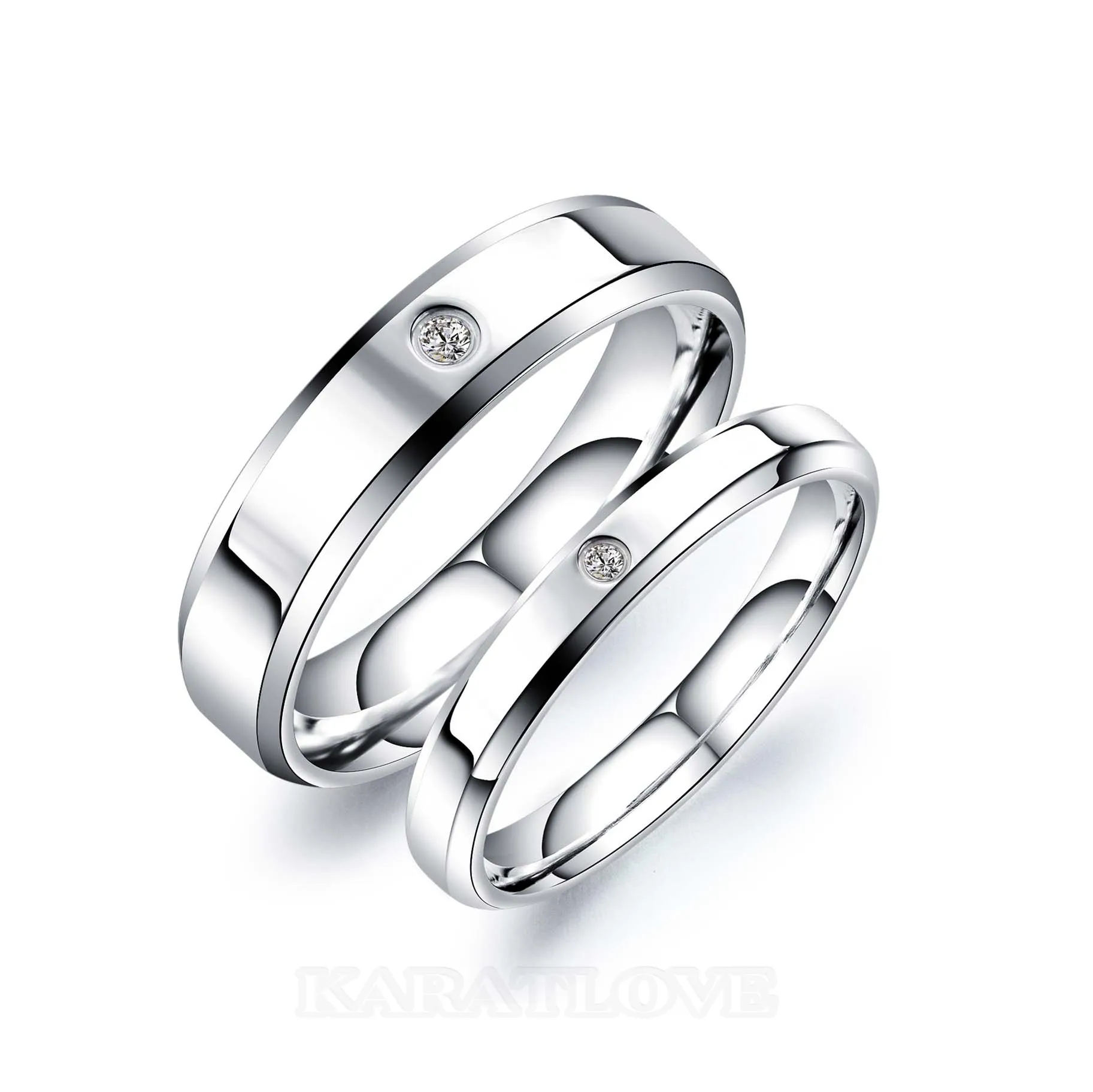 Round Diamond White Titanium Silver Couple Rings