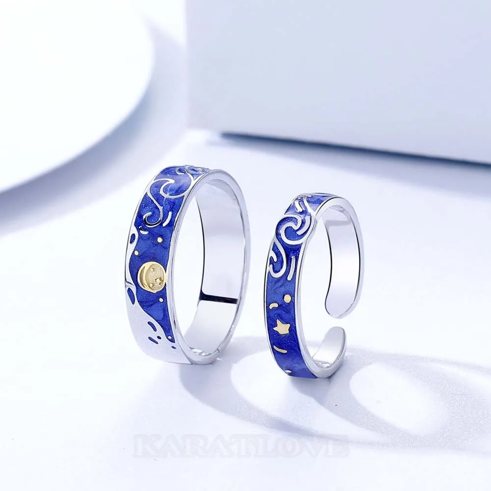 Starry Sky Sterling Silver Blue Couple Rings
