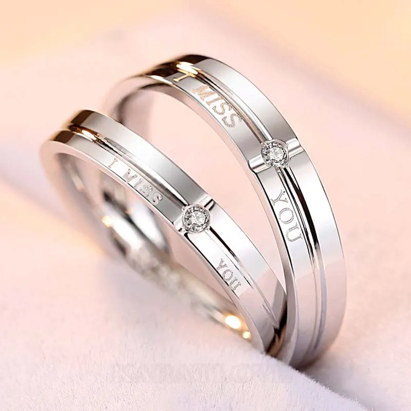 I Miss You Round Diamond White Sterling Silver Couple Rings