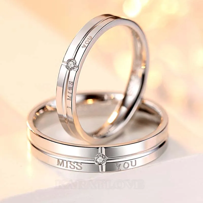 I Miss You Round Diamond White Sterling Silver Couple Rings