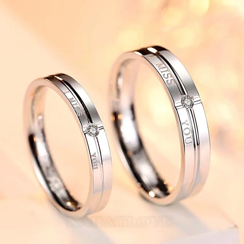 I Miss You Round Diamond White Sterling Silver Couple Rings