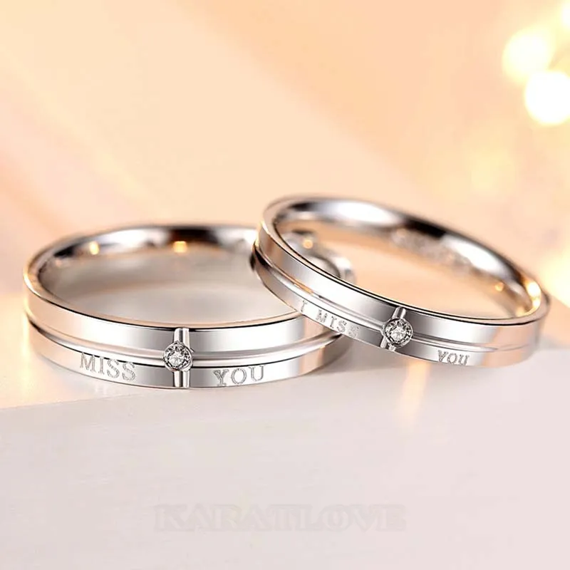 I Miss You Round Diamond White Sterling Silver Couple Rings