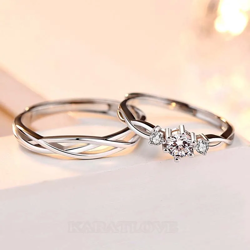 Round Diamond White Sterling Silver Infinity Couple Rings