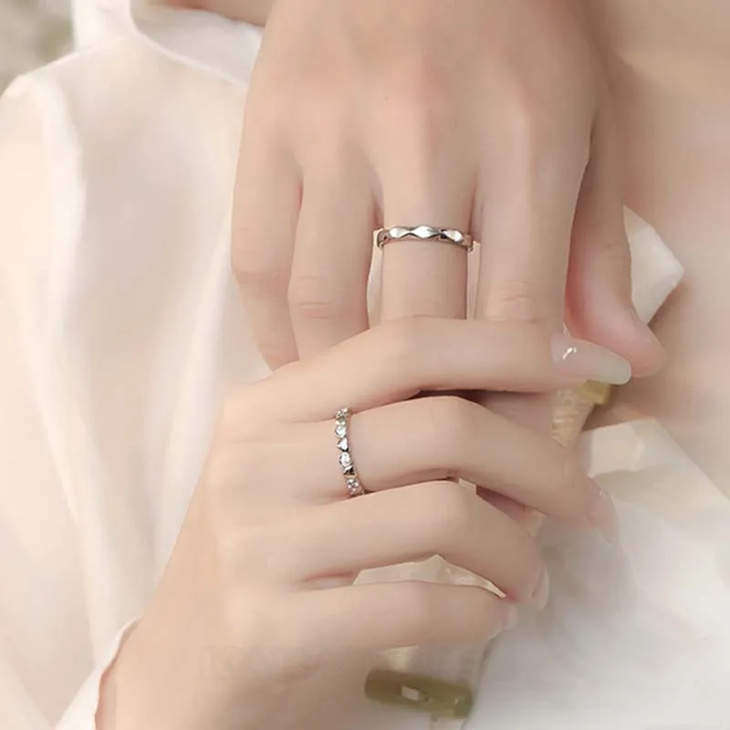Round Diamond White Sterling Silver Heart Couple Rings
