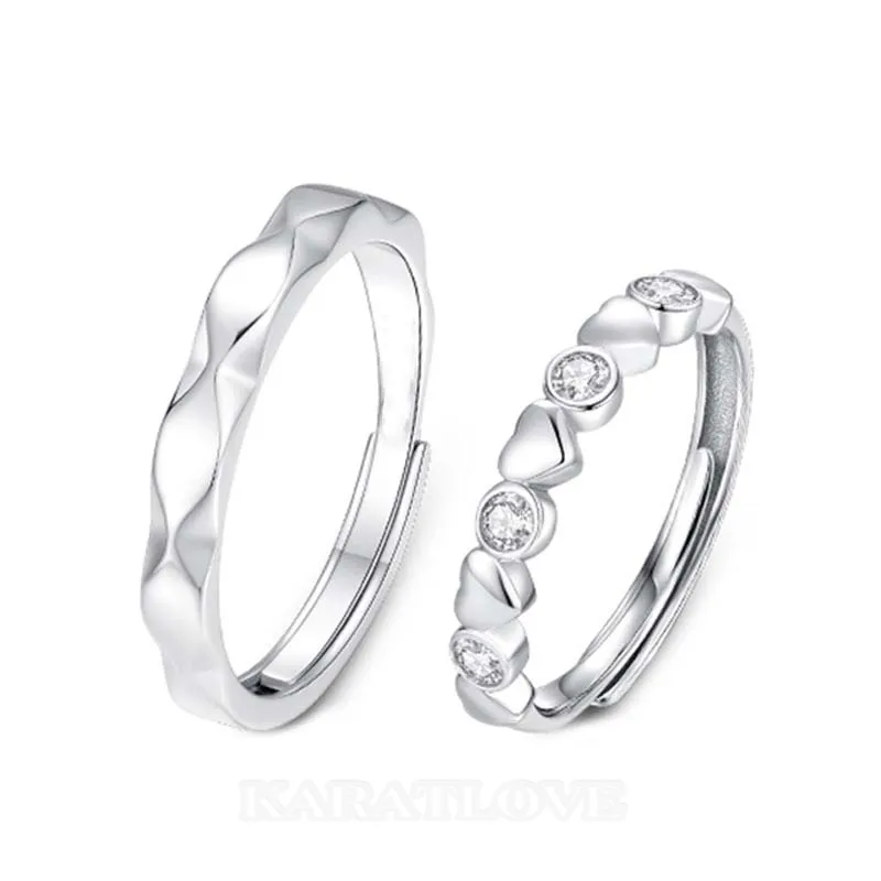 Round Diamond White Sterling Silver Heart Couple Rings