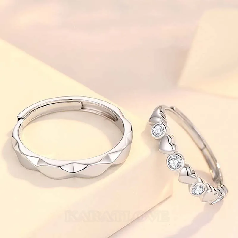 Round Diamond White Sterling Silver Heart Couple Rings
