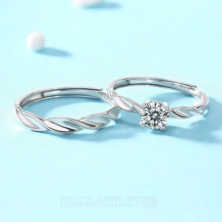 Round Cut Moissanite Diamond White 925 Sterling Silver Adjustable Size Couple Rings