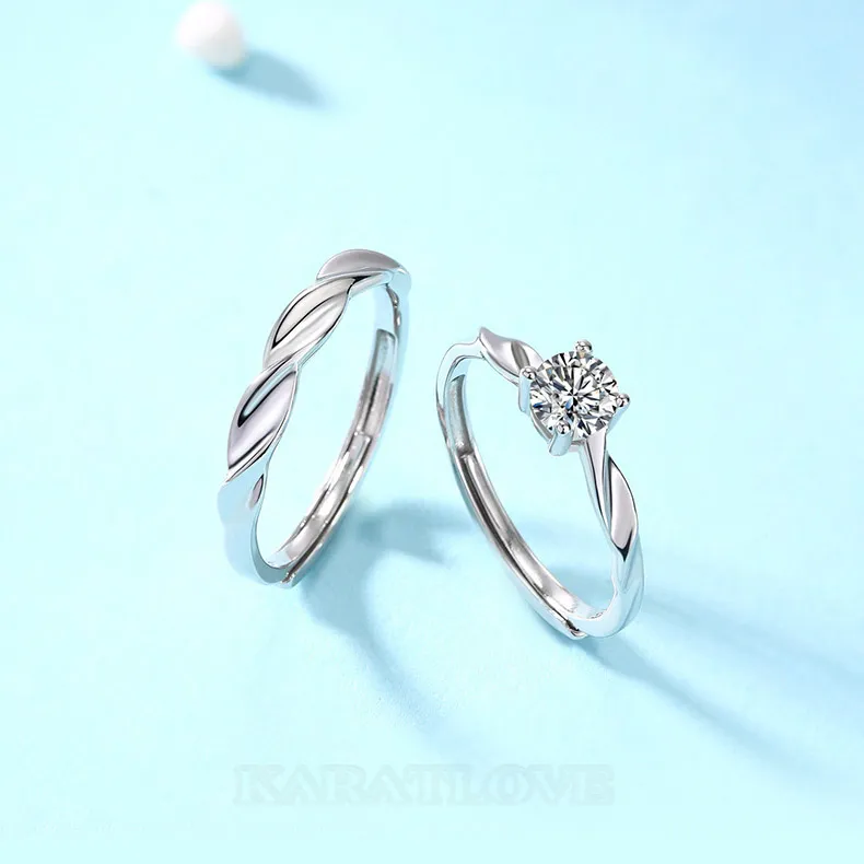 Round Cut Moissanite Diamond White 925 Sterling Silver Adjustable Size Couple Rings