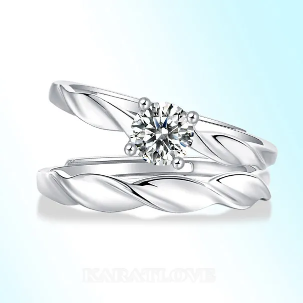 Round Cut Moissanite Diamond White 925 Sterling Silver Adjustable Size Couple Rings