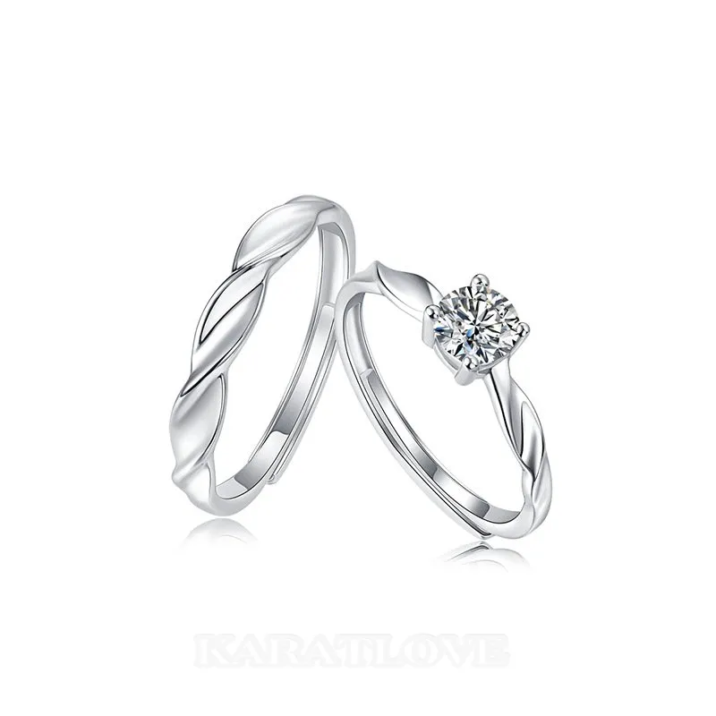 Round Cut Moissanite Diamond White 925 Sterling Silver Adjustable Size Couple Rings