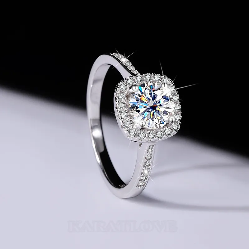 Round Cut Moissanite Diamond White 925 Sterling Silver Halo Engagement Ring