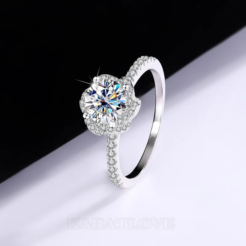 Round Cut Moissanite Diamond White 925 Sterling Silver Halo Engagement Ring
