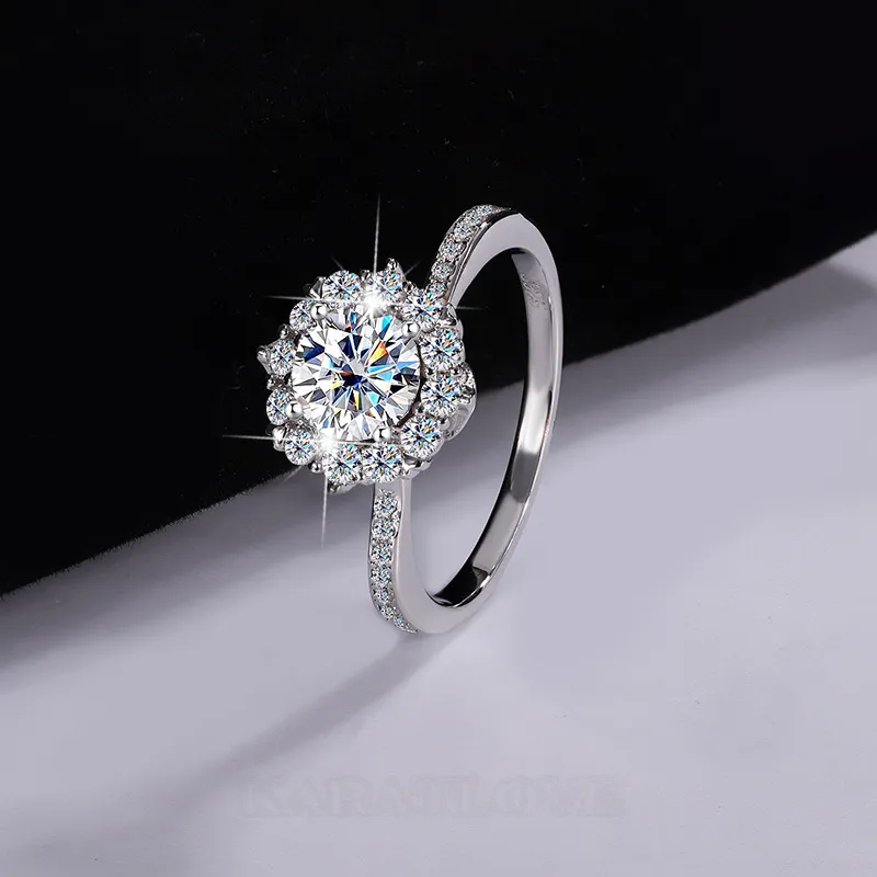 Round Cut Moissanite Diamond White 925 Sterling Silver Halo Engagement Ring