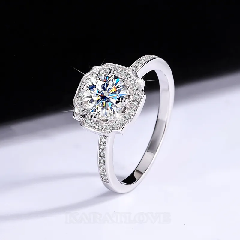 Round Cut Moissanite Diamond White 925 Sterling Silver Halo Engagement Ring