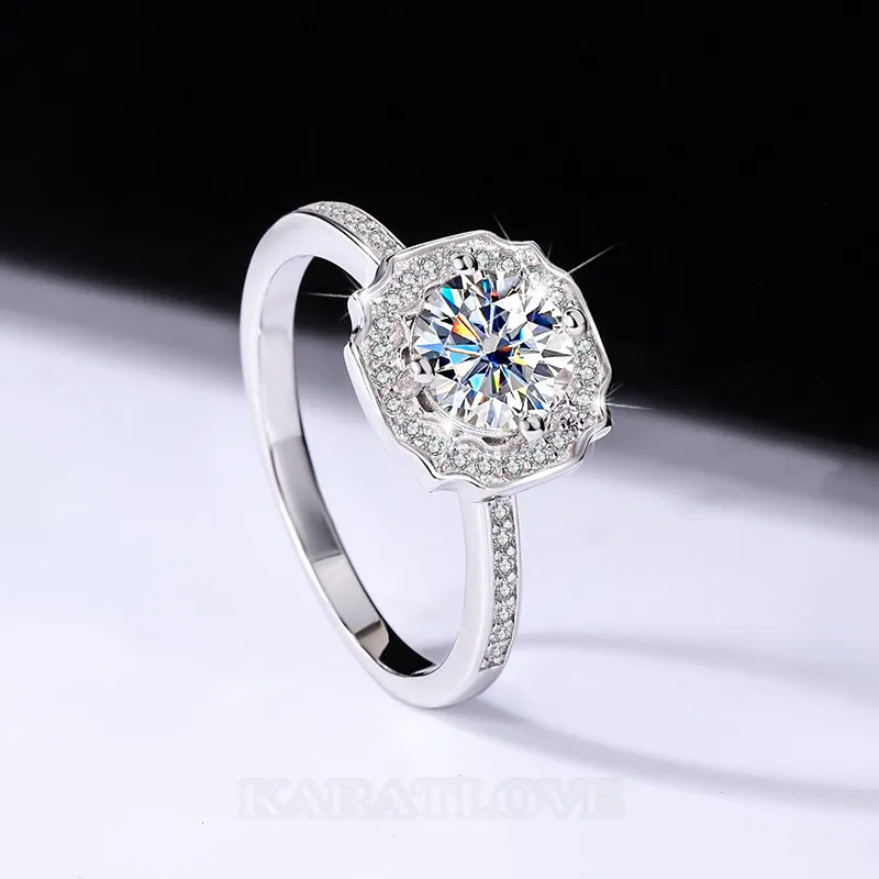 Round Cut Moissanite Diamond White 925 Sterling Silver Halo Engagement Ring