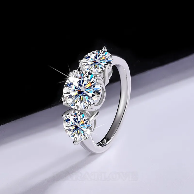 Round Cut Moissanite Diamond White 925 Sterling Silver 3-Stone Engagement Ring