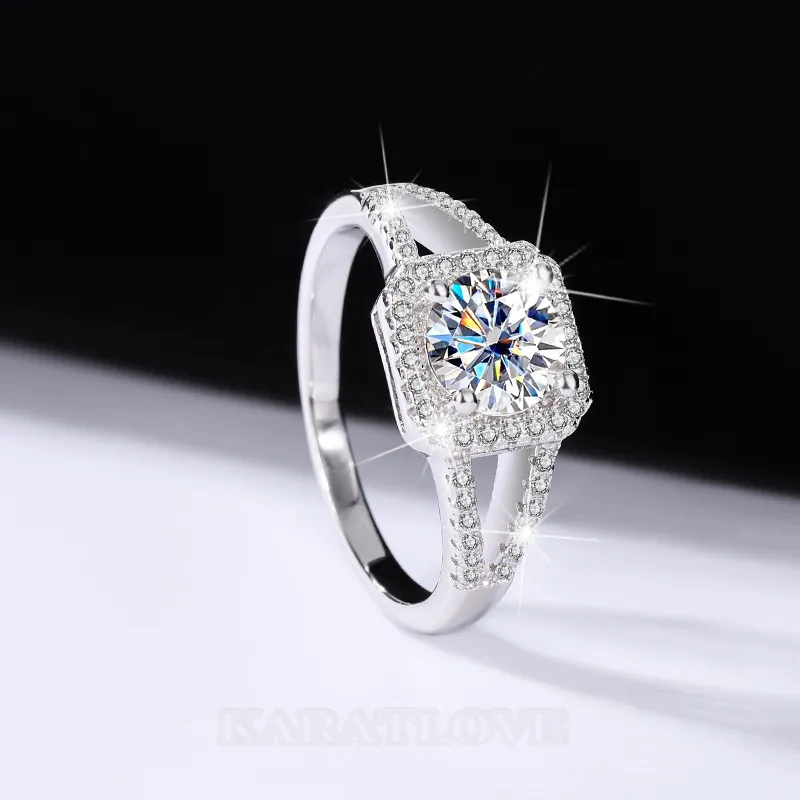Round Cut Moissanite Diamond White 925 Sterling Silver Halo Engagement Ring