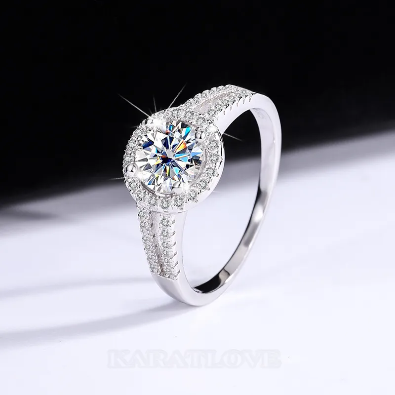 Round Cut Moissanite Diamond White 925 Sterling Silver Halo Engagement Ring