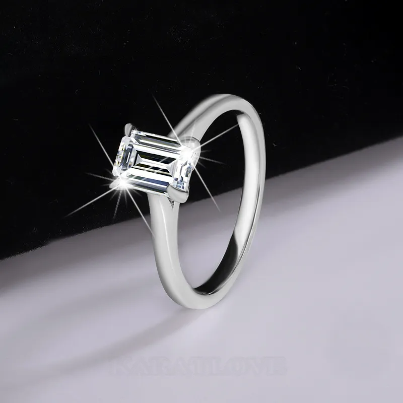 Emerald Cut Moissanite Diamond White 925 Sterling Silver Solitaire Engagement Ring