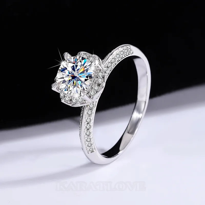 Round Cut Moissanite Diamond White 925 Sterling Silver Halo Engagement Ring