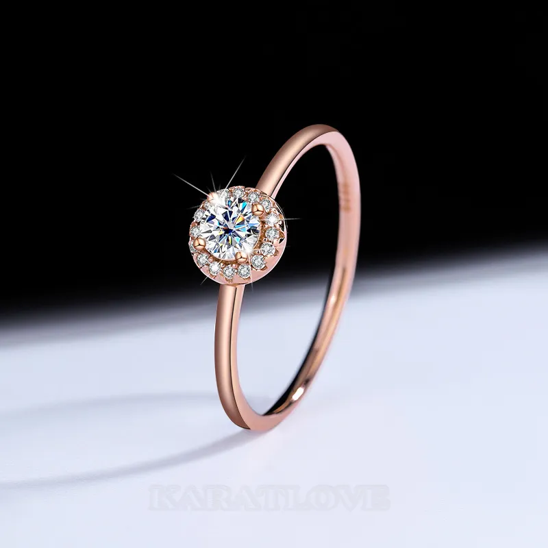 Round Cut Moissanite Diamond White Rose Gold 925 Sterling Silver Halo Engagement Ring