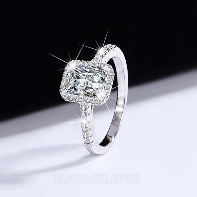 Radiant Cut Moissanite Diamond White 925 Sterling Silver Halo Engagement Ring