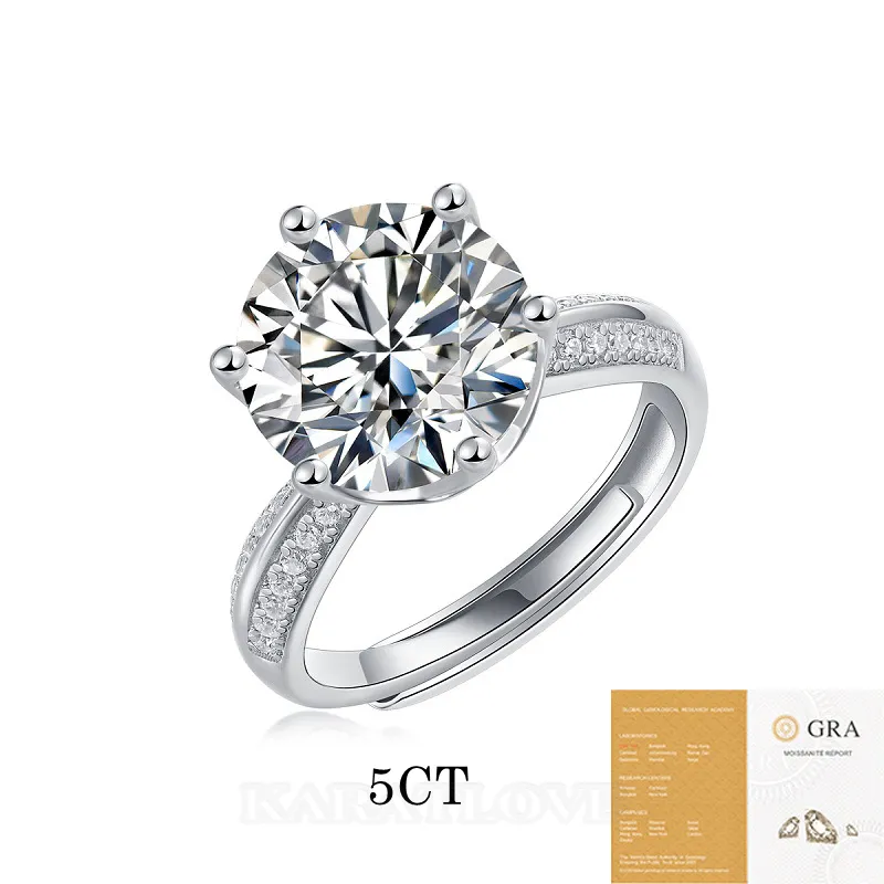 Round Cut Moissanite Diamond White 925 Sterling Silver Adjustable Size Engagement Ring