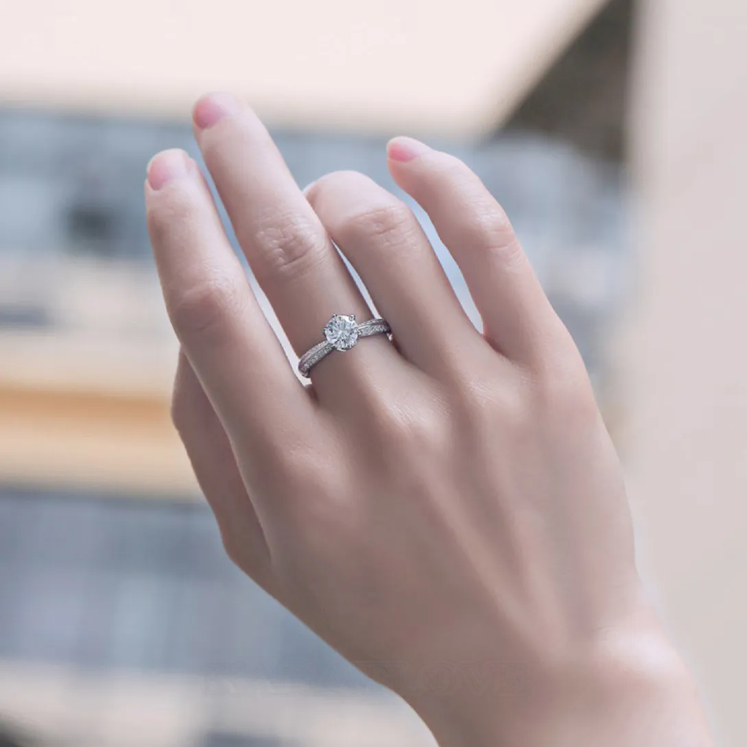 Round Cut Moissanite Diamond White 925 Sterling Silver Adjustable Size Engagement Ring