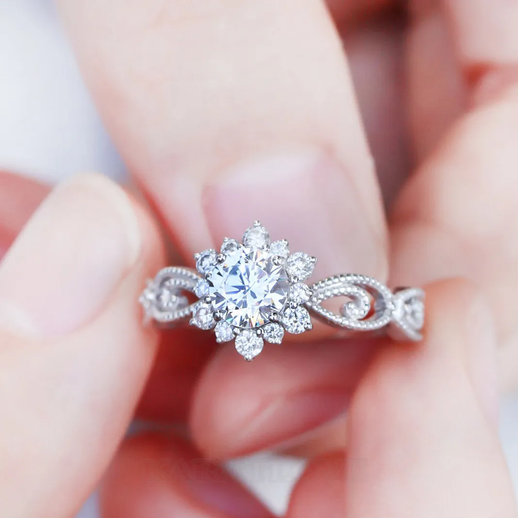 Round Cut Moissanite Diamond White 925 Sterling Silver Halo Engagement Ring