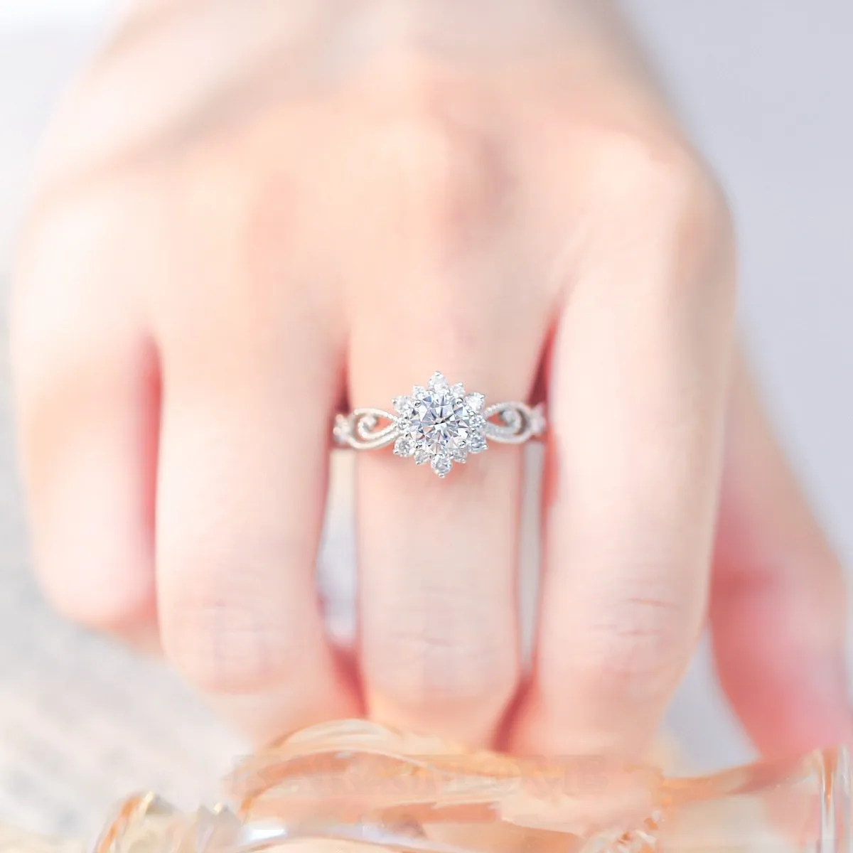 Round Cut Moissanite Diamond White 925 Sterling Silver Halo Engagement Ring