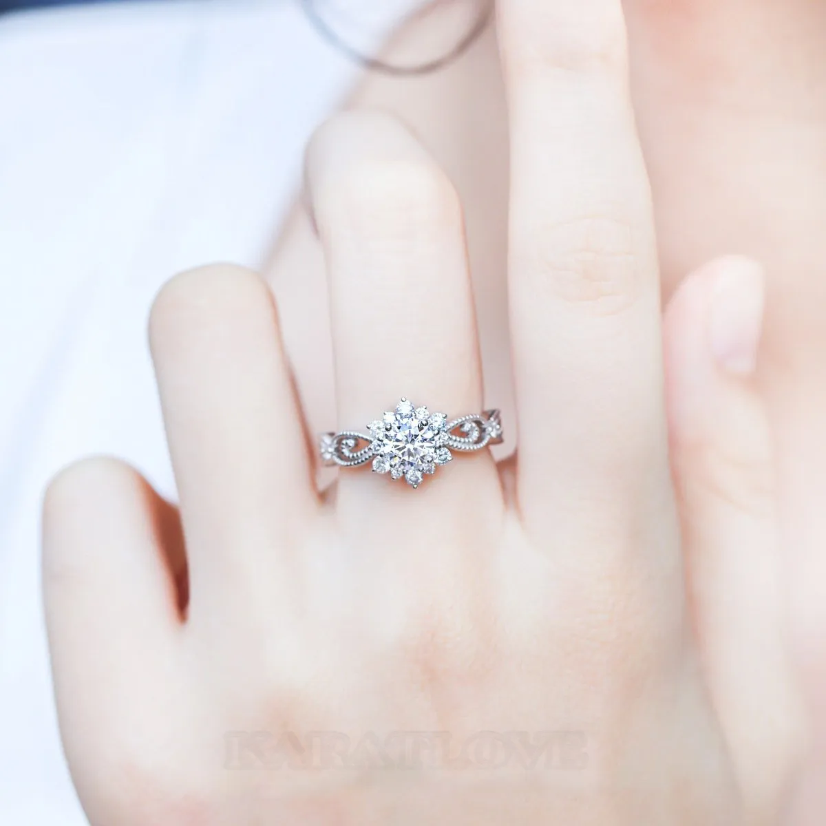 Round Cut Moissanite Diamond White 925 Sterling Silver Halo Engagement Ring