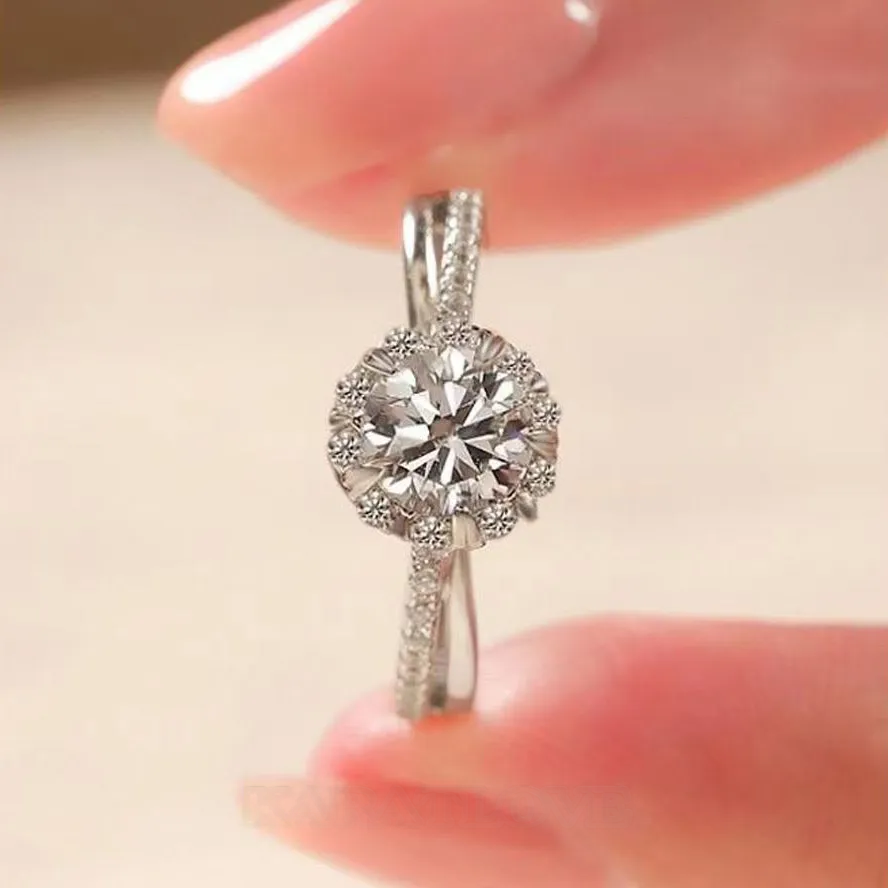 Round Cut Moissanite Diamond White 925 Sterling Silver Halo Engagement Ring