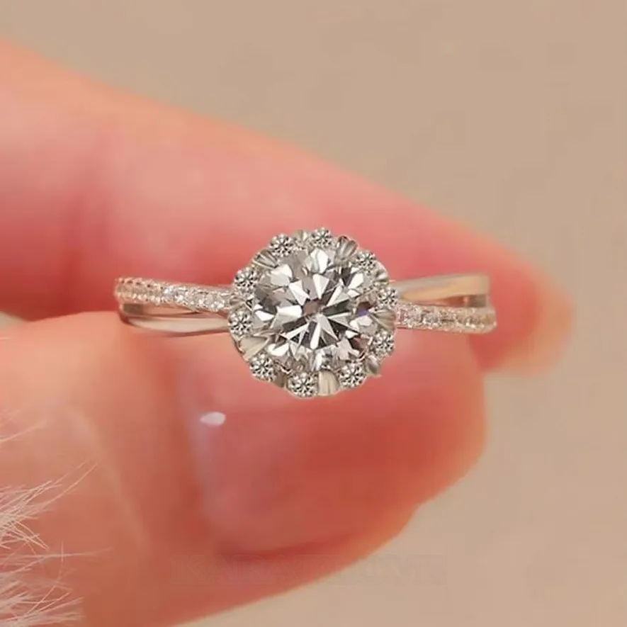 Round Cut Moissanite Diamond White 925 Sterling Silver Halo Engagement Ring