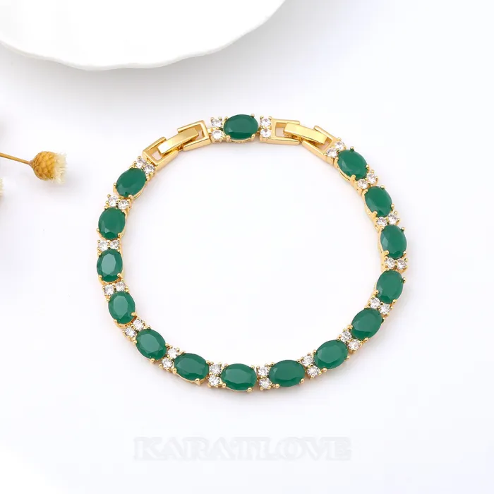 Green Crystal Yellow Gold 7" Bracelet