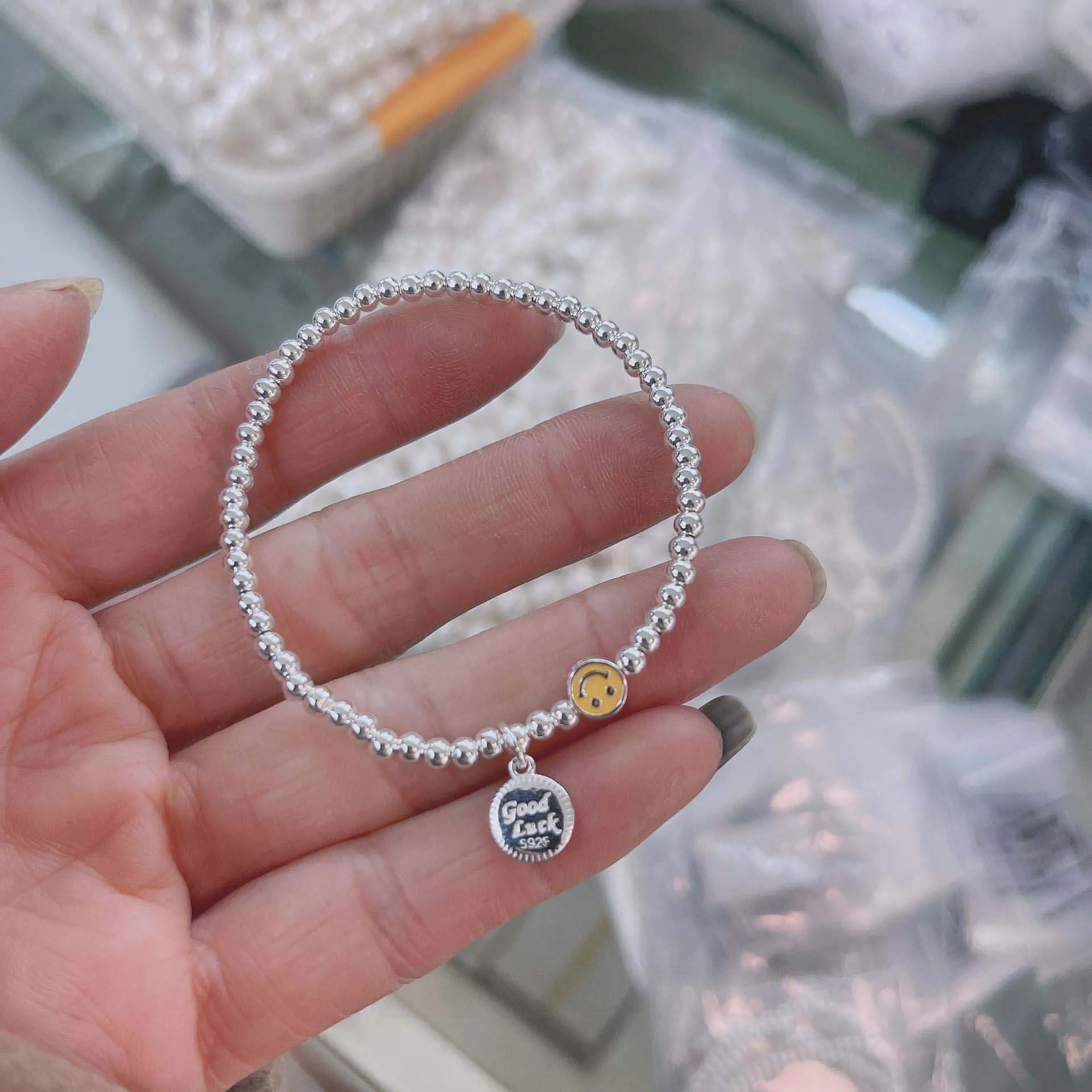 Good Luck Yellow Smiley Face 925 Sterling Silver 6" Bracelet