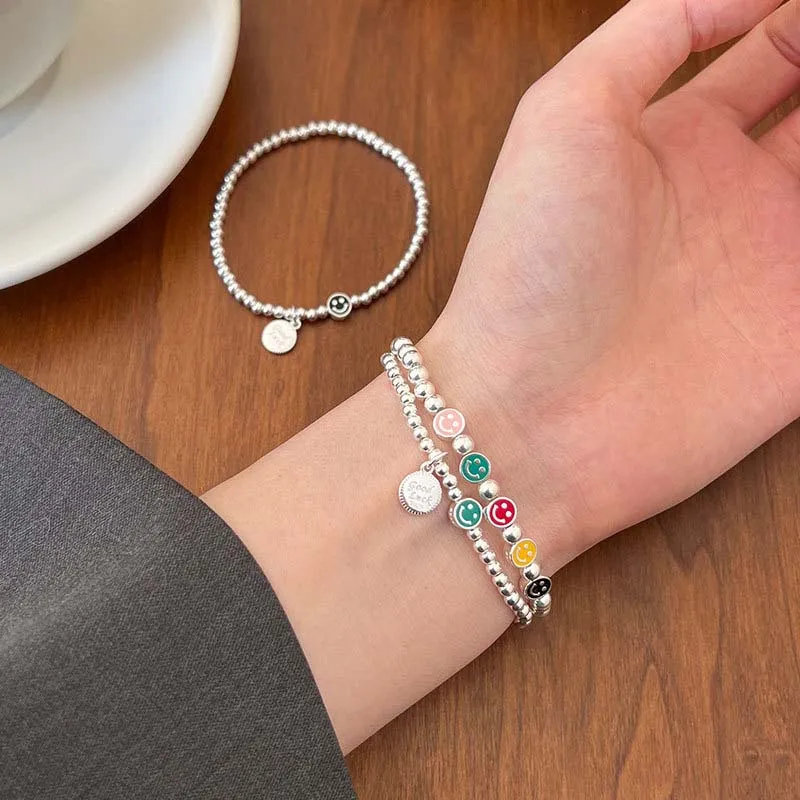 Good Luck 5 Smiley Faces 925 Sterling Silver 6" Bracelet