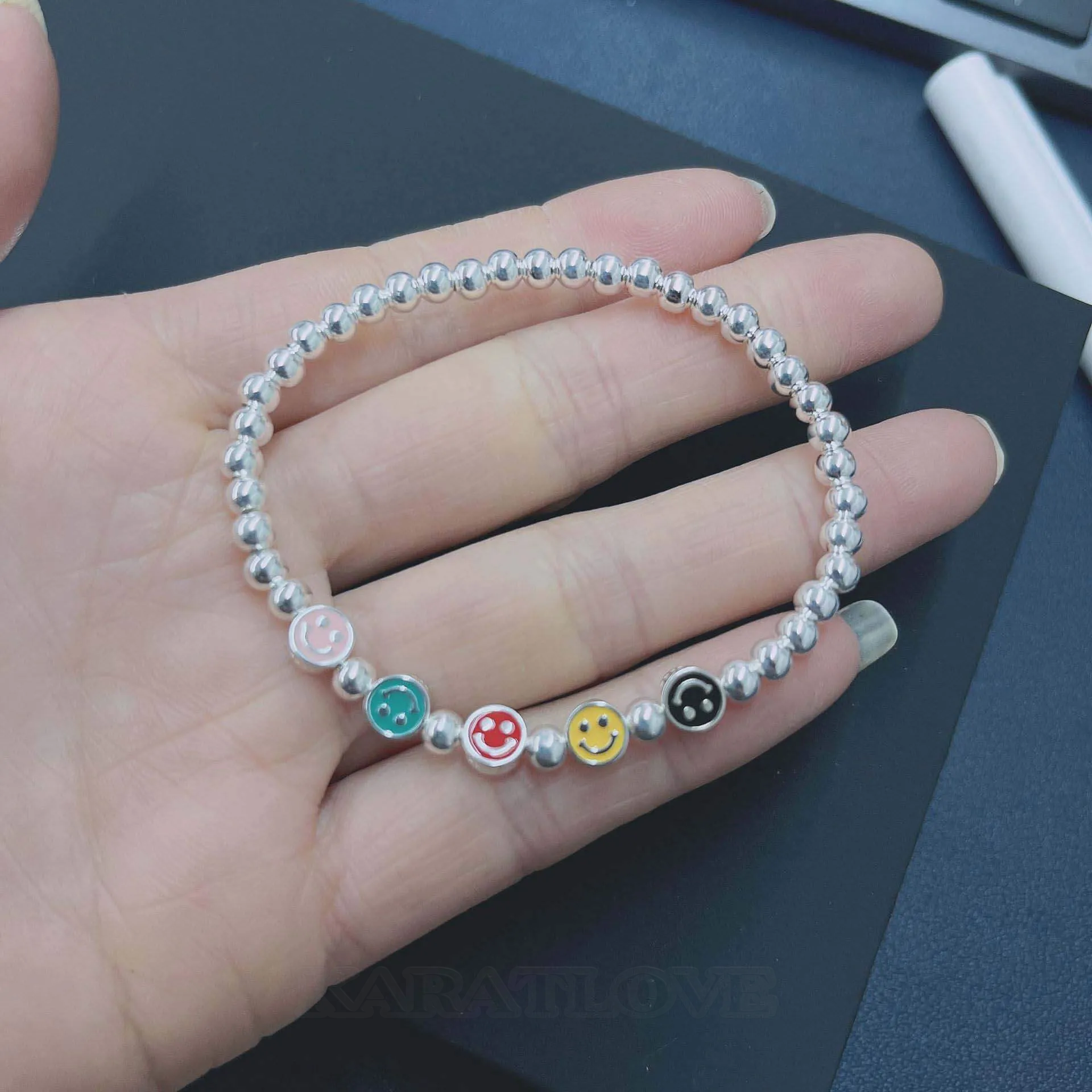 Good Luck 5 Smiley Faces 925 Sterling Silver 6" Bracelet