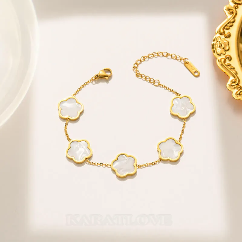 7 Inches 18K Gold Plated White Clover Flower Bracelet