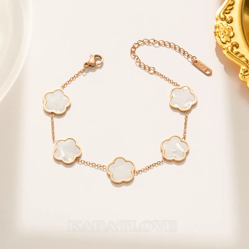 7 Inches 18K Gold Plated White Clover Flower Bracelet