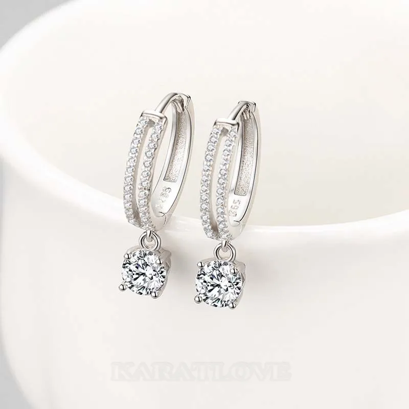Round Diamond White 925 Sterling Silver Drop Earrings