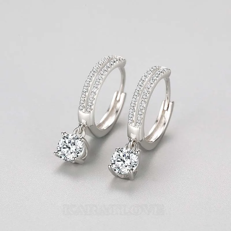 Round Diamond White 925 Sterling Silver Drop Earrings
