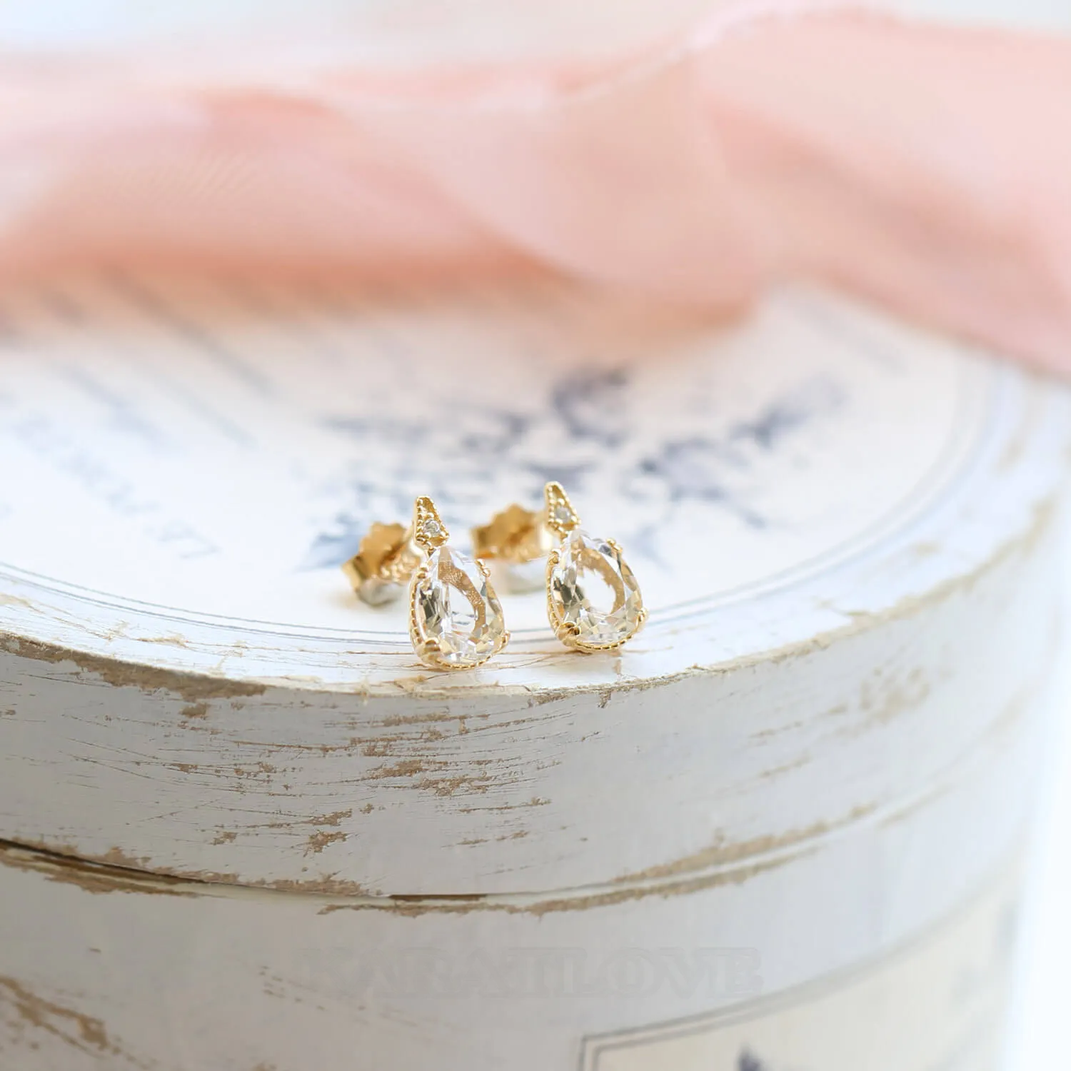 Pear 925 Sterling Silver Crystal Quartz Yellow Gold Stud Earrings