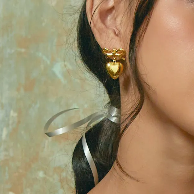 18K Gold Plated Ribbon Heart Drop Earrings