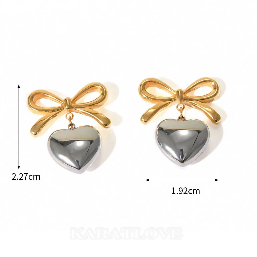Platinum Plated Ribbon Heart Drop Earrings